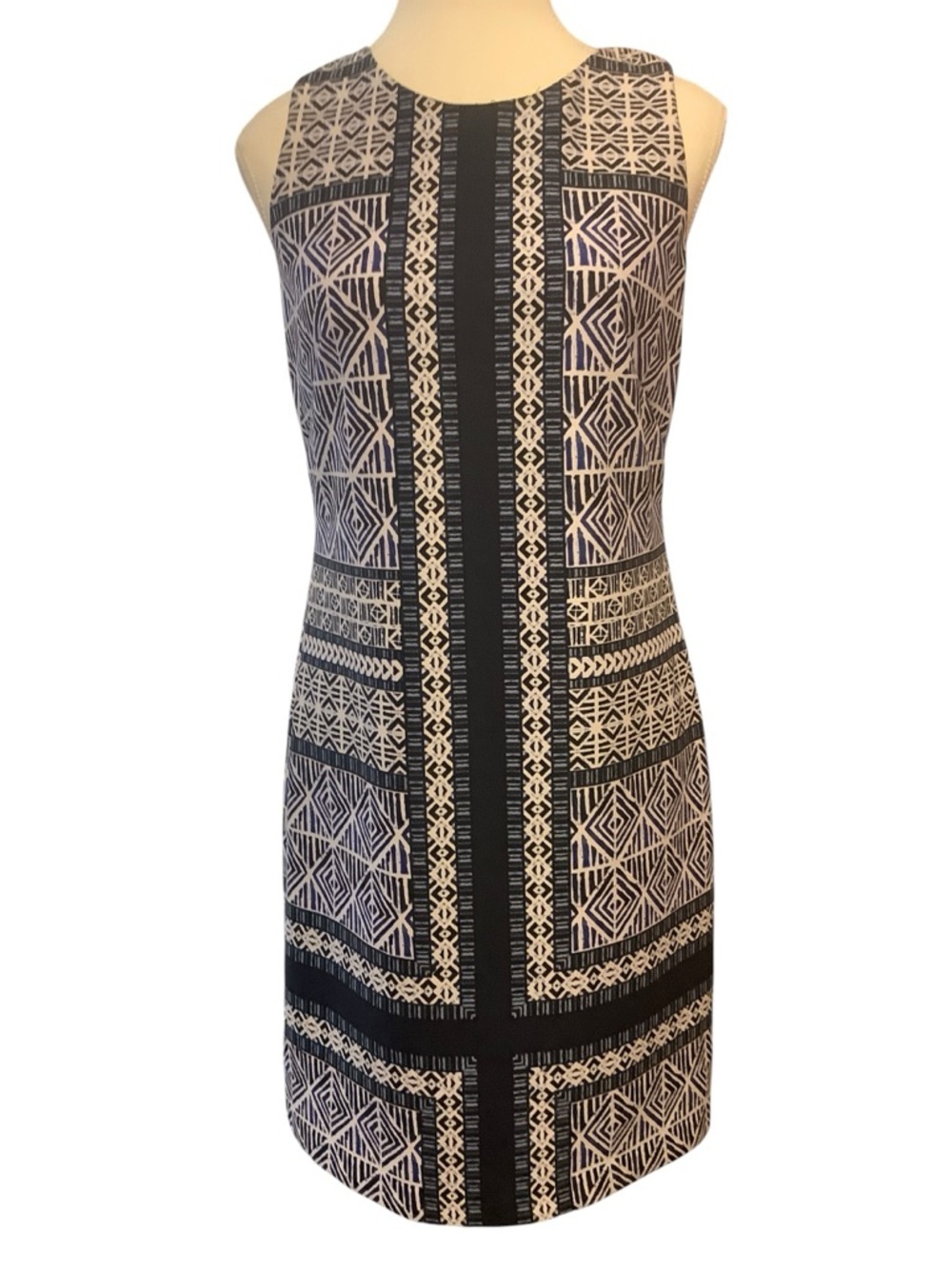 Vince Camuto Geometric Sheath Dress Tailored Sleeveless Navy/ White Size 2